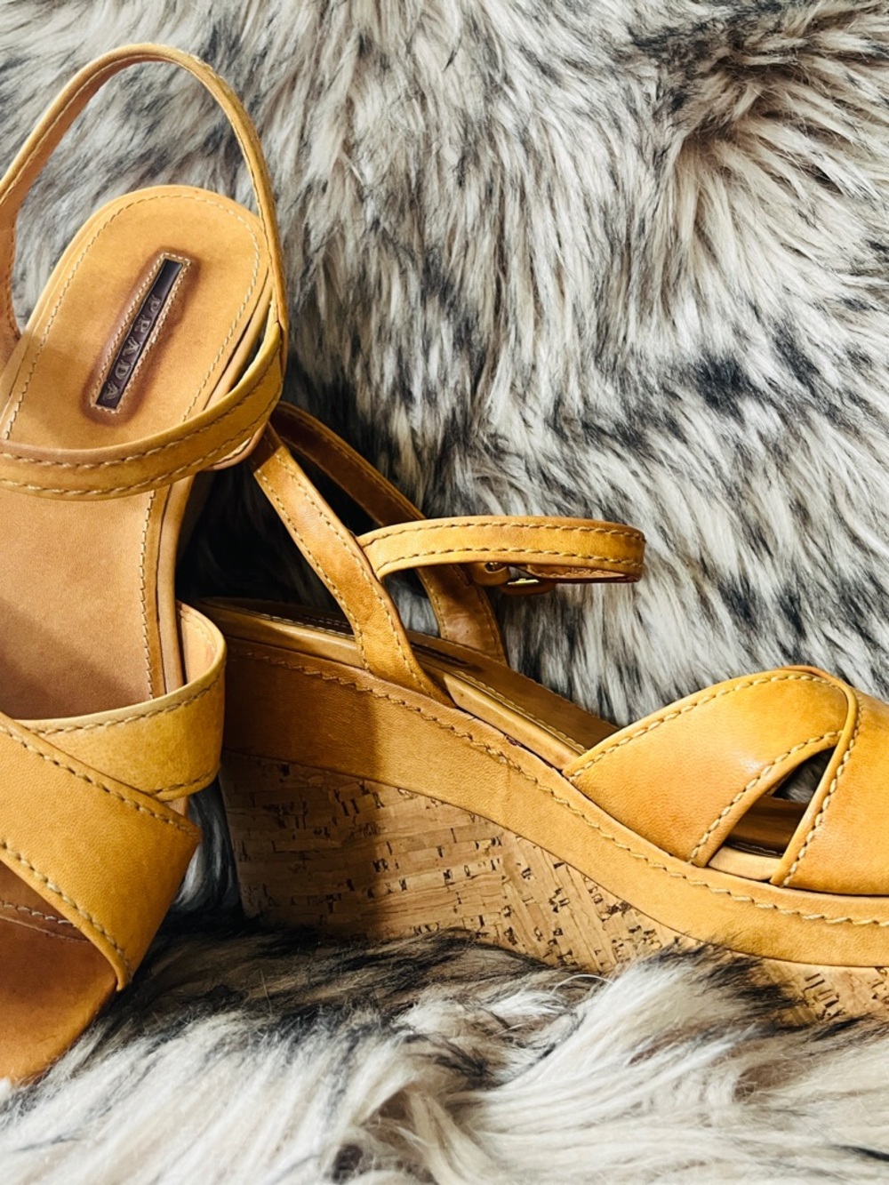 Prada Mustard Yellow Leather Cork Wedge Sandals